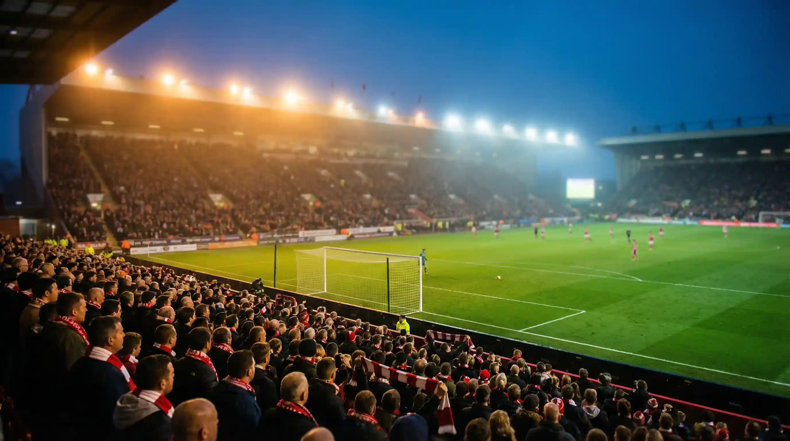Ambiance de stade de Premier League avec tribunes pleines un soir de match